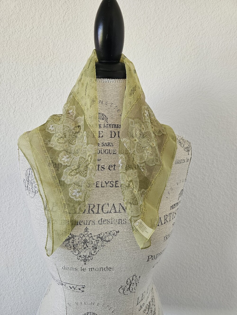 Made In Italy Vintage Olive Green Paisley Square Scarf Sheer Bandana 20x20​